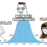 How to name your laptop | MULTIMEDIA IT MANAGER ENGINEER; XXX_ZER0_C00L_XXX; XXX_ZER0_C00L_XXX | image tagged in normal distribution meme | made w/ Imgflip meme maker