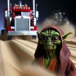 An old yoda getting hit by a giant semi-truck