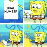 Spongebob Burning Paper | MODERN LANGUAGES; DUAL NUMBER; MODERN LANGUAGES | image tagged in spongebob burning paper | made w/ Imgflip meme maker