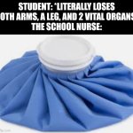 Accurate? | STUDENT: *LITERALLY LOSES BOTH ARMS, A LEG, AND 2 VITAL ORGANS*
THE SCHOOL NURSE: | image tagged in ice pack,school nurse | made w/ Imgflip meme maker