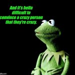 Crazy person | And it's hella difficult to convince a crazy person that they're crazy. | image tagged in contemplative kermit | made w/ Imgflip meme maker