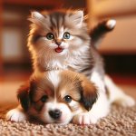 cute kitten sitting on a puppy