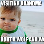 Red riding hood ve like | VISITING GRANDMA; FOUGHT A WOLF AND WON | image tagged in memes,success kid original | made w/ Imgflip meme maker