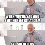 Sad life of a Lover | WHEN YOU'RE SAD AND SENT HER A TEXT AT 3AM; AND SHE REPLIES "NEW PHONE, WHO'S THIS?" | image tagged in memes,hide the pain harold,lovers,sad but true,not funny,girlfriend | made w/ Imgflip meme maker