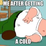 me after catching a cold | ME AFTER GETTING; A COLD | image tagged in peter griffin injured | made w/ Imgflip meme maker