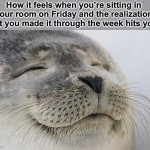 Relief | How it feels when you’re sitting in your room on Friday and the realization that you made it through the week hits you: | image tagged in memes,satisfied seal,relatable,school | made w/ Imgflip meme maker