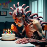 Old man with tentacles coming out of his head eating birthday ca