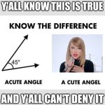 Remember this meme? (Also, Taylor Swift is my hero, and that will never change.) | Y'ALL KNOW THIS IS TRUE; AND Y'ALL CAN'T DENY IT | image tagged in acute angle a cute angel,taylor swift | made w/ Imgflip meme maker