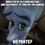 Melamine | WHEN YOU'RE IN A ZOOM MEETING AND YOU FORGOT TO TURN OFF THE CAMERA; NO PANTS? | image tagged in megamind peeking | made w/ Imgflip meme maker