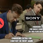 After seeing the announcement for the PS5 Pro, it seems that Sony took a page out of EA's book | CHARGING EXTRA FOR BASIC COMPONENTS OF THE PLAYSTATION 5 PRO; CHARGING EXTRA FOR CONTENT IN EVERY GAME | image tagged in mr bean cheats on exam,sony,playstation,ea,video games,corporate greed | made w/ Imgflip meme maker