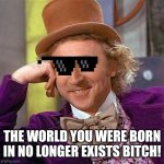 Wanka | THE WORLD YOU WERE BORN IN NO LONGER EXISTS BITCH! | image tagged in memes,creepy condescending wonka,oof,woof,ouch,hell yeah | made w/ Imgflip meme maker