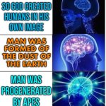 Man Was Progenerated By Apes | SO GOD CREATED
HUMANS IN HIS
OWN IMAGE; MAN WAS
FORMED OF
THE DUST OF
THE EARTH; MAN WAS
PROGENERATED
BY APES | image tagged in mind blow,evolution,human evolution,charles darwin,anti-religion,god religion universe | made w/ Imgflip meme maker