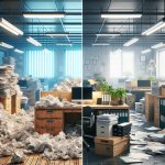 A split image of a dirty office and a clean office