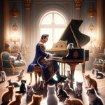 A king playing a piano surrounded by kittens