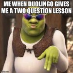 There’s a glitch, I think | ME WHEN DUOLINGO GIVES ME A TWO QUESTION LESSON | image tagged in slay all day | made w/ Imgflip meme maker