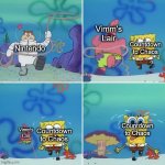 Cease and desist be like | Vimm's Lair; Countdown to Chaos; Nintendo; Countdown to Chaos; Vimm's Lair; Countdown to Chaos | image tagged in spongebob running from sandy,mario,cease and desist | made w/ Imgflip meme maker