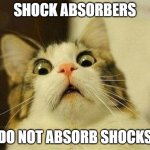 Shocked cat absorber | SHOCK ABSORBERS; DO NOT ABSORB SHOCKS | image tagged in memes,scared cat,cars,road,paradox,irony | made w/ Imgflip meme maker