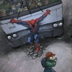 Spiderman holding bus