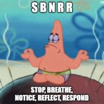 SBNRR | S B N R R; STOP, BREATHE, NOTICE, REFLECT, RESPOND | image tagged in patrick star meditating | made w/ Imgflip meme maker