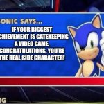 wowie | IF YOUR BIGGEST ACHIEVEMENT IS GATEKEEPING A VIDEO GAME,
CONGRATULATIONS, YOU’RE THE REAL SIDE CHARACTER! | image tagged in sonic says | made w/ Imgflip meme maker