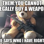 TED with Gun. | THEM:YOU CANNOT LEGALLY BUY A WEAPON; ME:SAYS WHO I HAVE RIGHTS | image tagged in ted with gun | made w/ Imgflip meme maker