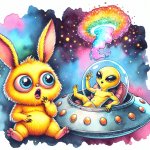 Picture of Surprised Pikachu next to an alien sitting in a UFO s