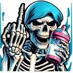 Angry skeleton holding a sippy cup of milk in one hand and flipp