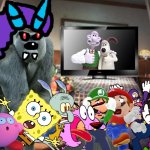 Wario and Friends dies by a Giant Demon gorilla because of a EAS while watching Wallace and Gromit in their house | image tagged in cruise ship bedroom,wario dies,crossover | made w/ Imgflip meme maker