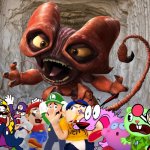 Wario and Friends dies by Jersey devil while exploring in a cave | image tagged in cave,wario dies,crossover | made w/ Imgflip meme maker