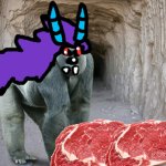 A Giant demon gorilla eating meat in a cave | image tagged in cave | made w/ Imgflip meme maker