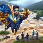 male superhero flies in to save flood victims in Appalachia