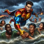 male superhero swoops in to rescue flood victims