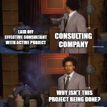 Consultant gone | LAID OFF EFFECTIVE CONSULTANT WITH ACTIVE PROJECT; CONSULTING COMPANY; WHY ISN'T THIS PROJECT BEING DONE? | image tagged in why would they do this,work,it,project manager | made w/ Imgflip meme maker