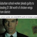 Chicken wings | The school worker who stole $1.5M worth of chicken wings: | image tagged in gifs,chicken wings,evil laughter,blank white template,memes,chicken | made w/ Imgflip video-to-gif maker