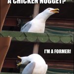 Former adult? | WHAT'S THAT? A CHICKEN NUGGET? I'M A FORMER! I AM AN ADULT | image tagged in memes,inhaling seagull | made w/ Imgflip meme maker