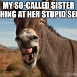 Donkey Jackass Braying | MY SO-CALLED SISTER LAUGHING AT HER STUPID SERIALS | image tagged in donkey jackass braying | made w/ Imgflip meme maker