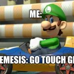 touch grass | ME:; MY NEMESIS: GO TOUCH GRASS | image tagged in luigi death stare | made w/ Imgflip meme maker