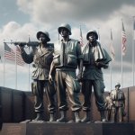 A solemn military memorial, perhaps with flags or statues repres