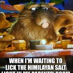 R.A.T Anticipation | WHEN I'M WAITING TO LICK THE HIMILAYAN SALT LIGHT IN MY PARENTS' ROOM | image tagged in ratatouille ride meme template | made w/ Imgflip meme maker