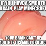 Block brain | IF YOU HAVE A SMOOTH BRAIN, PLAY MINECRAFT; YOUR BRAIN CAN'T BE SMOOTH IF IT'S MADE OF BLOCKS | image tagged in smooth brain,minecraft,block | made w/ Imgflip meme maker