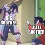 Brothers afther a mama fight | BIG BROTHER; LILTLE BROTHER | image tagged in shinibu v giyuu | made w/ Imgflip meme maker