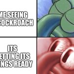 Oh neck naw I'm out | ME SEEING A COCKROACH; ITS GETTING ITS WINGS READY | image tagged in cockroach,squidward | made w/ Imgflip meme maker