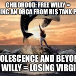 Free Willy blank | CHILDHOOD: FREE WILLY = RESCUING AN ORCA FROM HIS TANK PRISON; ADOLESCENCE AND BEYOND: FREE WILLY = LOSING VIRGINITY | image tagged in free willy blank | made w/ Imgflip meme maker