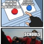 Schools | PUNISH THE BULLY WHO HAS BEEN TORMENTING THE VICTIM FOR YEARS; PUNISH THE VICTIM FOR USING SELF DEFENSE; SCHOOLS | image tagged in red and blue button | made w/ Imgflip meme maker