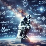 thinker statue in space with math equations