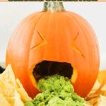 This just makes me hungry for Mexican food | FESTIVE CHUNKY GUACAMOLE SERVING SUGGESTION | image tagged in pumpkin with guacamole vomit | made w/ Imgflip meme maker