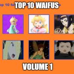 top 10 waifus volume 1 | TOP 10 WAIFUS; VOLUME 1 | image tagged in top 10 favorite naruto characters,top 10 waifus,videogames,movies,animation,the little mermaid | made w/ Imgflip meme maker