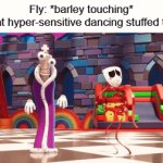 BTW, Kinger in the best character of TaDC no doubt | Fly: *barley touching*
That hyper-sensitive dancing stuffed toy: | image tagged in gifs,kinger,funny,memes | made w/ Imgflip video-to-gif maker