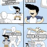 Goodbye High School Blank | GOODBYE ELEMENTARY, I'LL NEVER HAVE TO GO TO SCHOOL AGAIN!!! NEVER! MIDDLE SCHOOL; HIGH SCHOOL | image tagged in goodbye high school blank | made w/ Imgflip meme maker