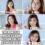 Please but like why | THE MONEY IN MRBEAST’S BANK ACCOUNT AFTER A SINGLE VIDEO | image tagged in pimples zero | made w/ Imgflip meme maker